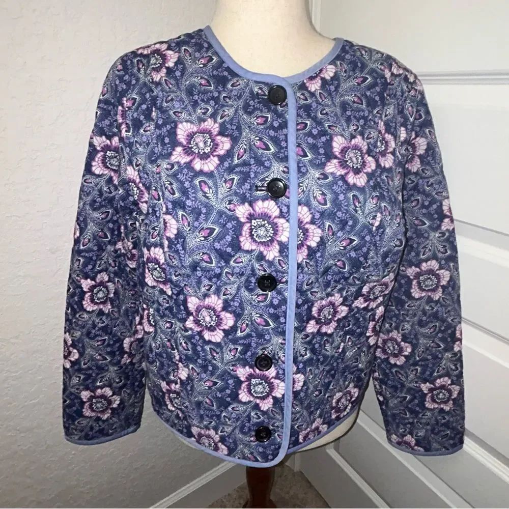 Talbots Quilted Floral Print Button Front Long Sleeve Coat Jacket